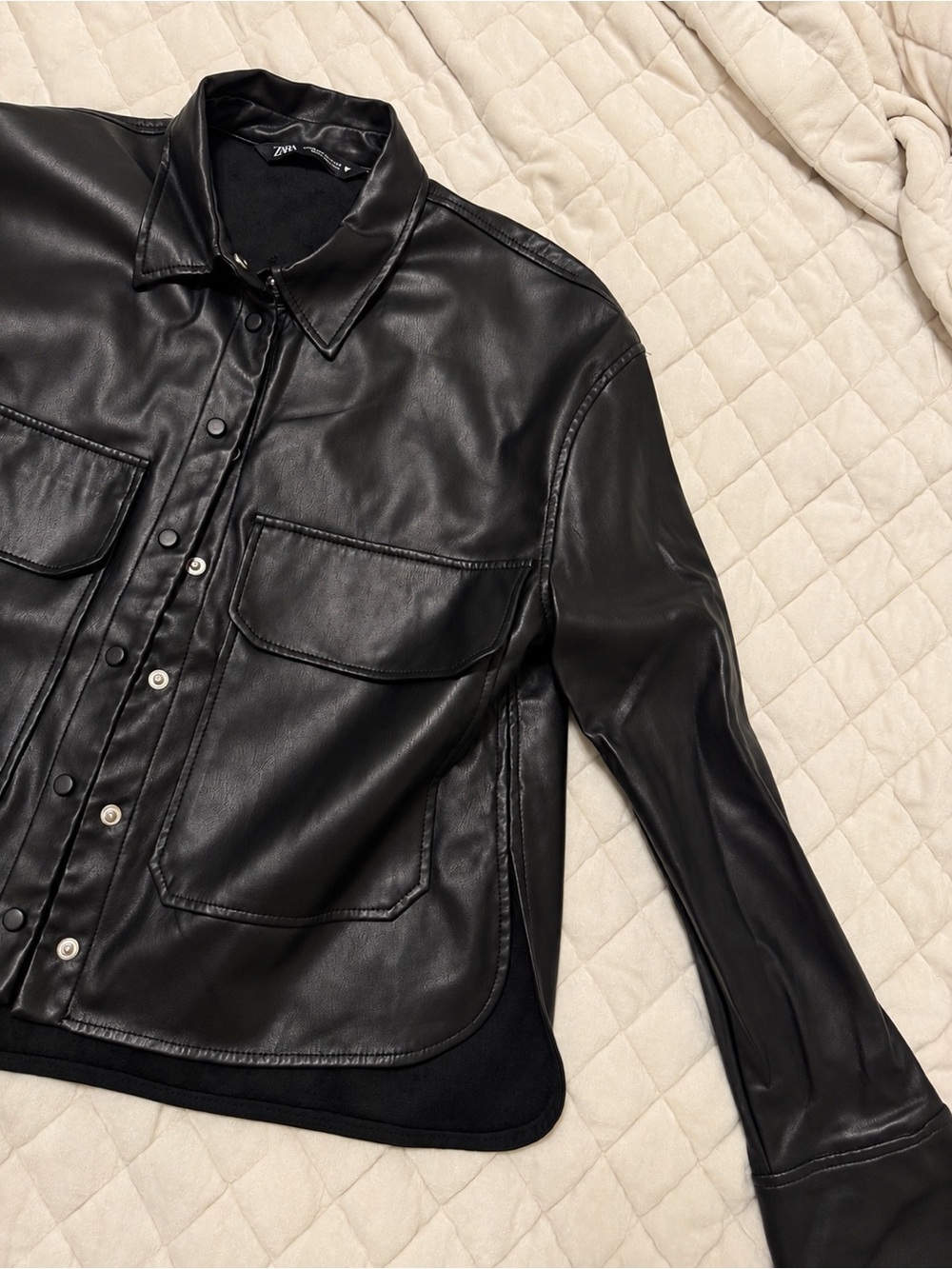 Zara Black Faux Leather Snap-Front Shirt Jacket